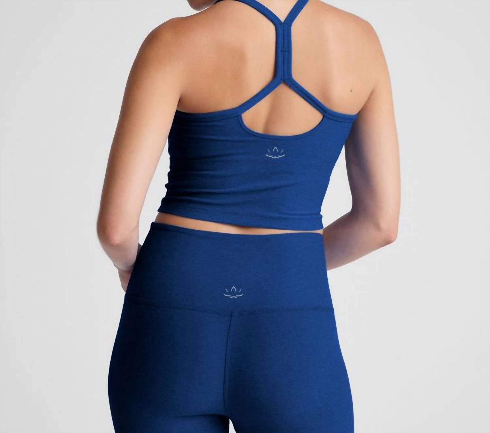 BEYOND YOGA Spacedye Slim Racerback Cropped Tank Top in marine blue - women's intimate - detail view
