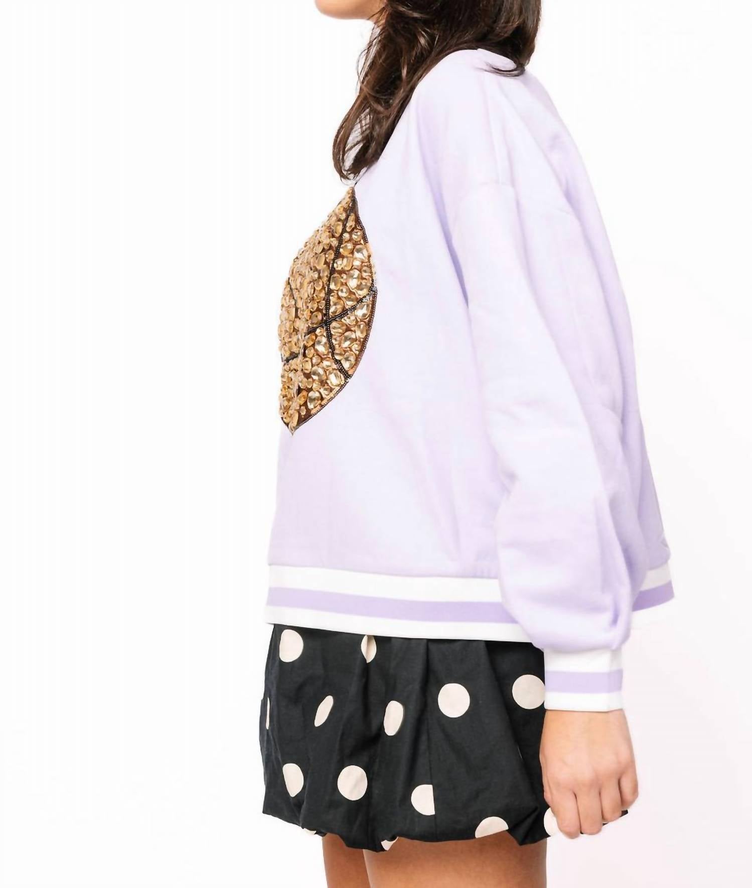 QUEEN OF SPARKLES Jeweled Basketball Sweatshirt in lavender - women's top - alternate view