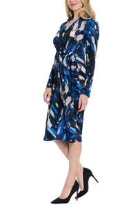 London Times - Cinched Waist Faux Wrap Draped Sheath Midi Dress