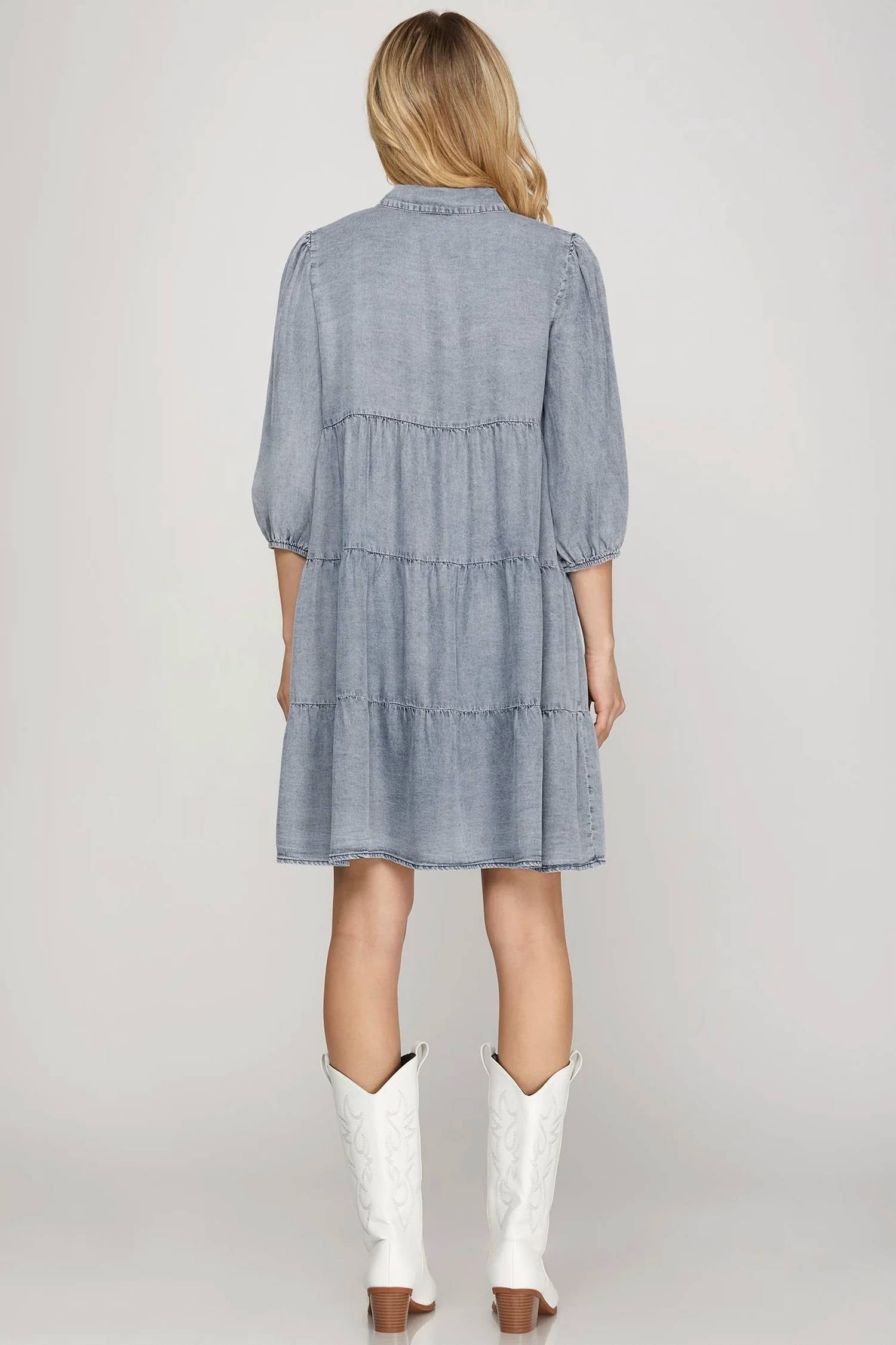 She + Sky - Chambray Tiered Button Down Mini Dress