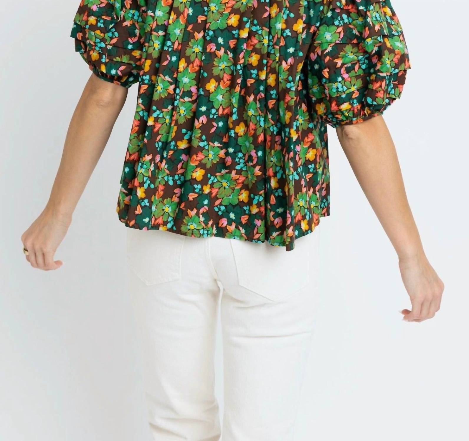Karlie Floral Button Pleat Top in brown multi - women's blouse - detail view