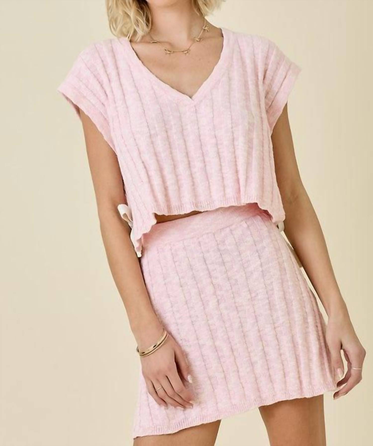 day + moon Cap Sleeve V-neck Sweater Skirt Set in baby pink - women's skirt