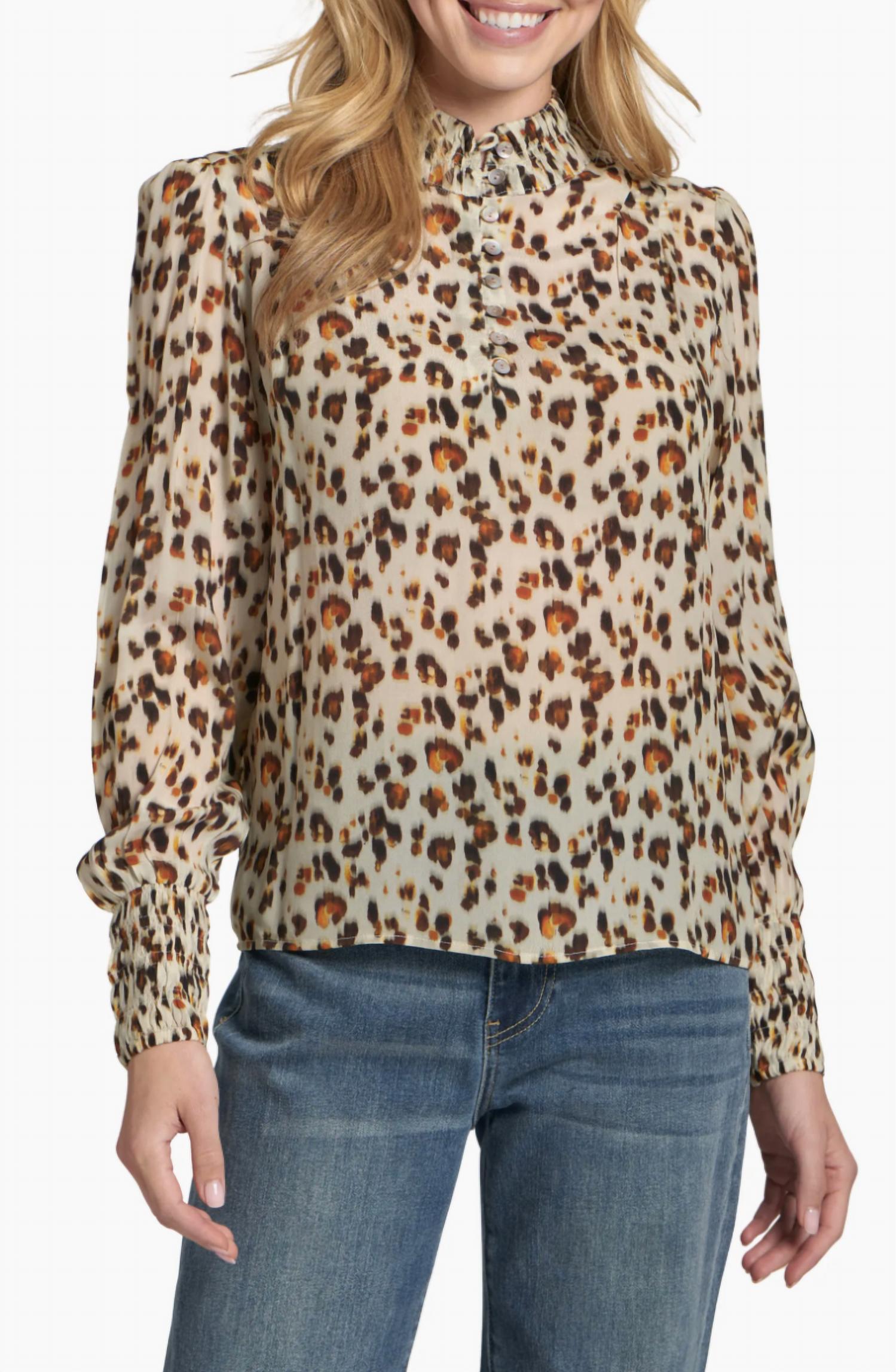 Apny - Cheetah Print Ruched Collar Top