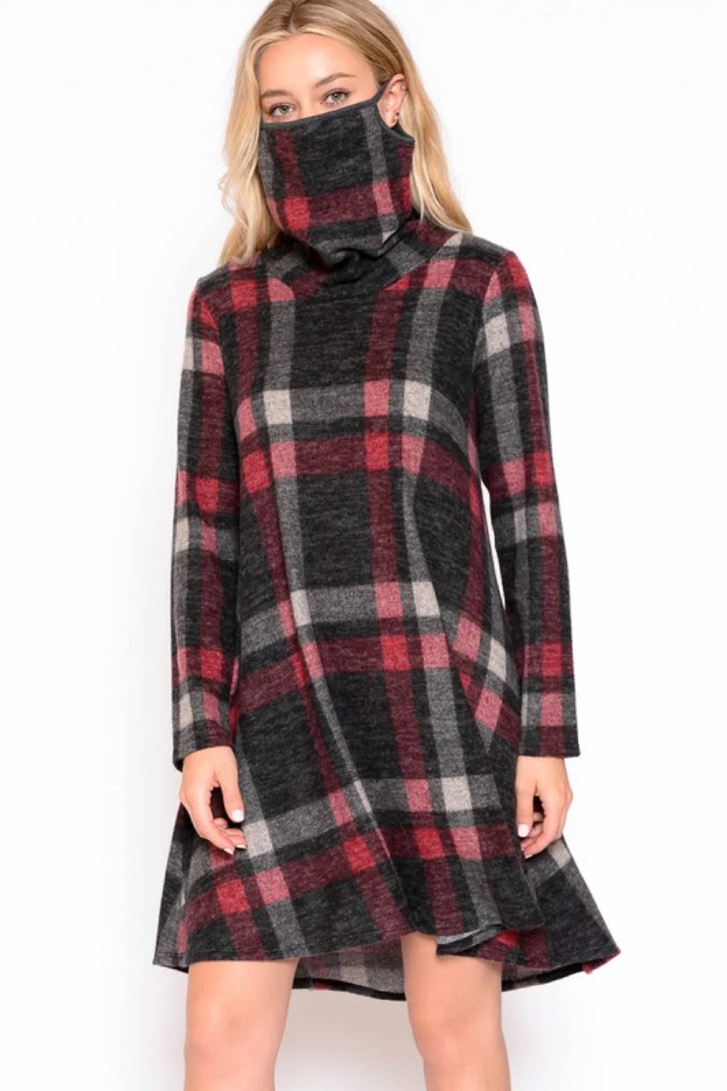 Papillon - Masked Plaid Cowl Neck A-line Sweater Dress