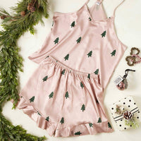 Bella Sleep + Spa - Woodland Tree Satin Cami And Ruffled Shorts Pajama Set