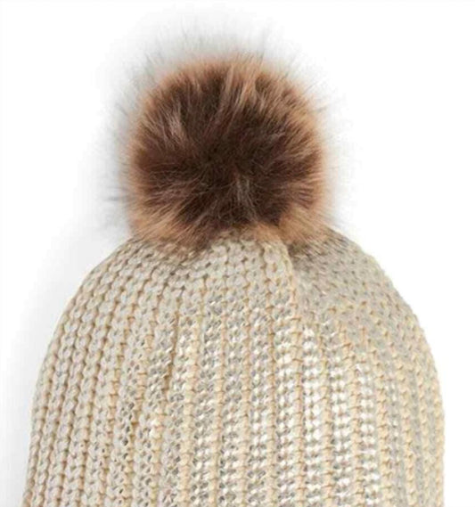 Coco + Carmen - Women's Metallic Faux Fur Pom-pom Beanie Hat