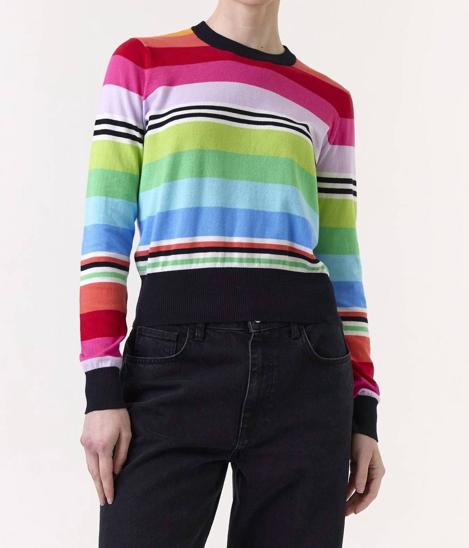 Brodie Cashmere Ivy Stripe Crew Neck Sweater in rainbow black - women's sweater