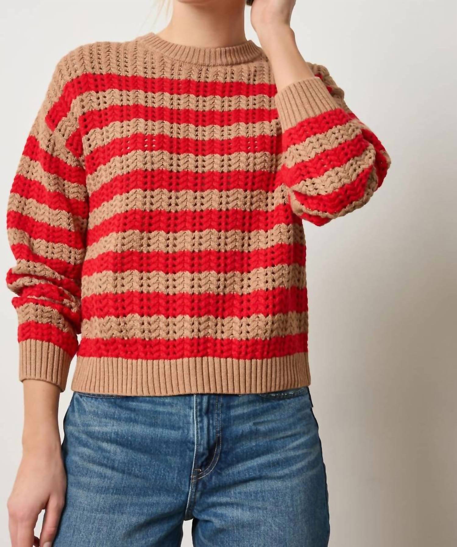 Lilla P Women's Stripe Stitch Sweater in acorn scarlet - women's sweater