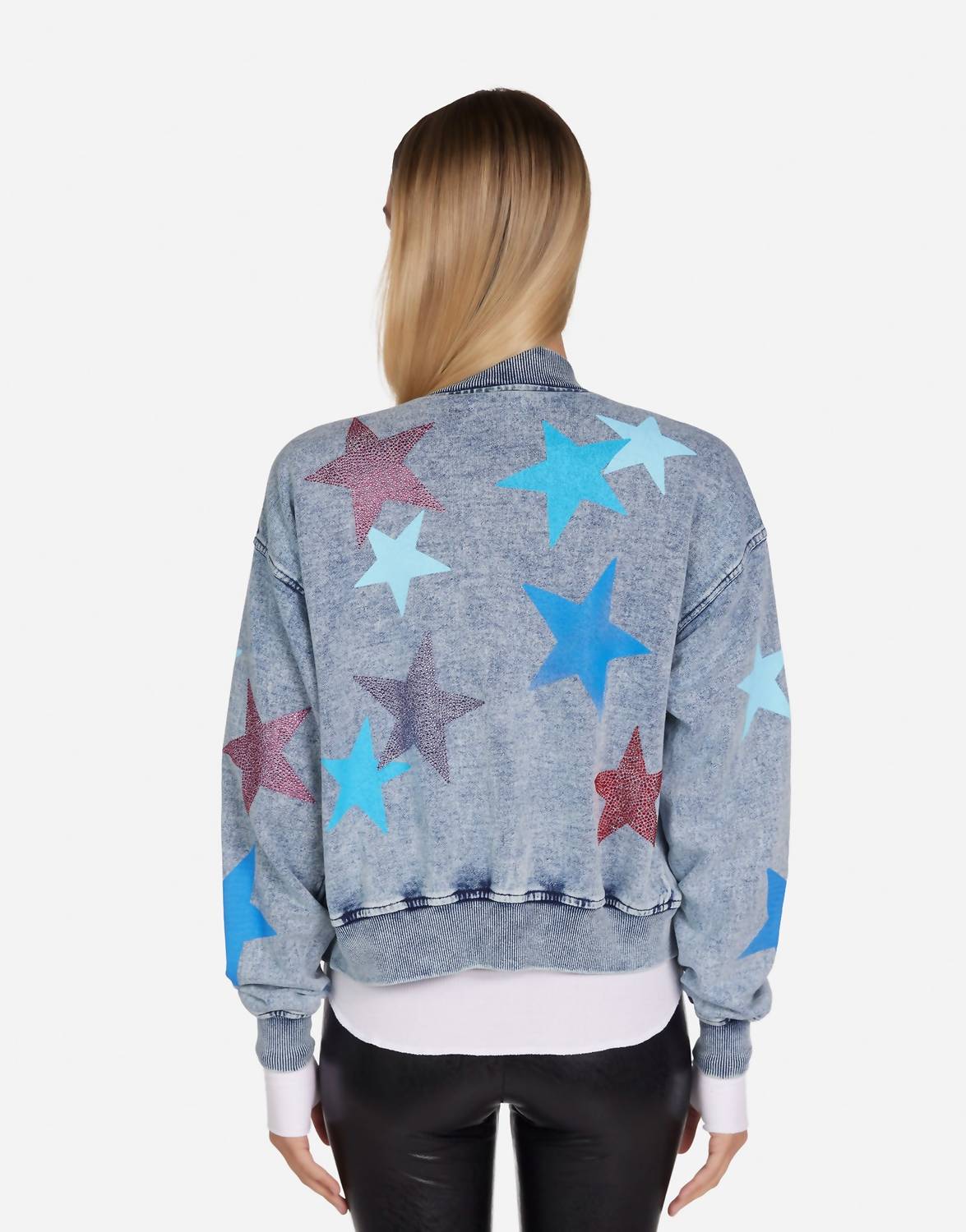 Lauren Moshi Shilese Color Crystal Multi Stars Jacket in faded denim - women's jacket - detail view