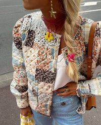 Rosa Clothing Floral Color Blocks Print Quilted Jacket in apricot - women's jacket