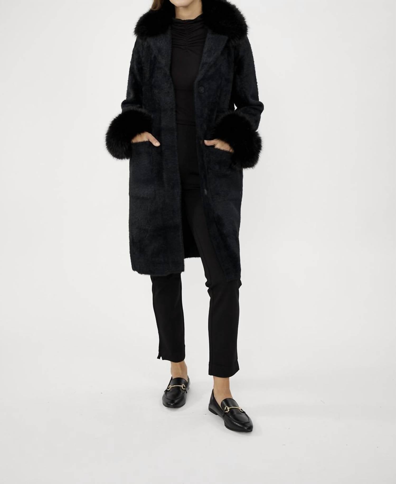 Joseph Ribkoff Faux Fur Trim Shawl Coat in black - women's jacket