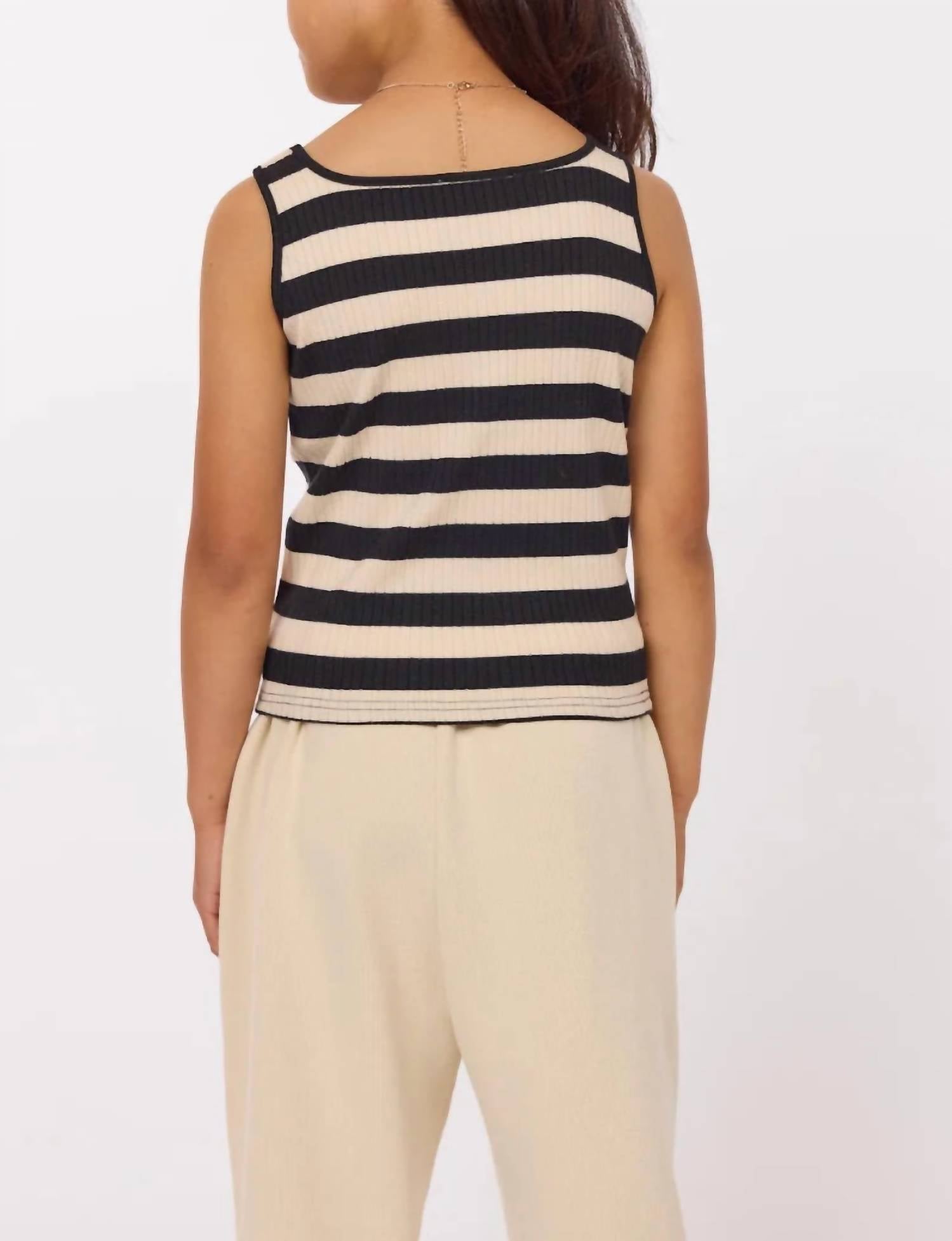 Sadie & Sage Girls Soul Sister Stripe Rib Knit Tank Top in black ivory - kids' tank top - detail view