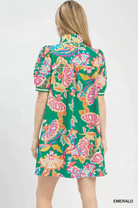 Umgee - Jacquard Paisley Print Puff Sleeve Mini Tunic Dress
