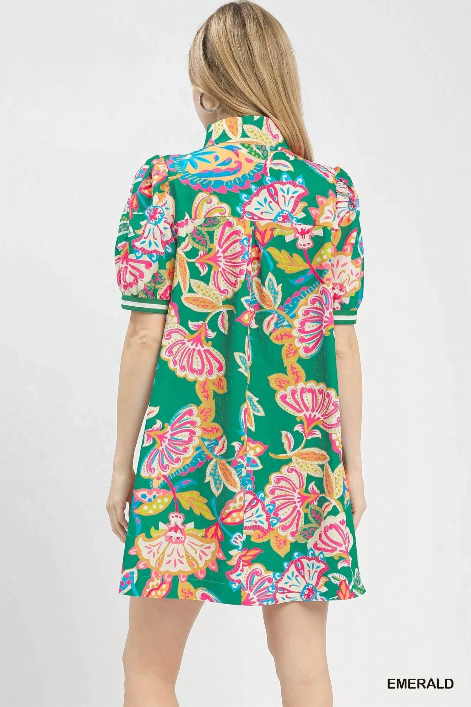 Umgee - Jacquard Paisley Print Puff Sleeve Mini Tunic Dress