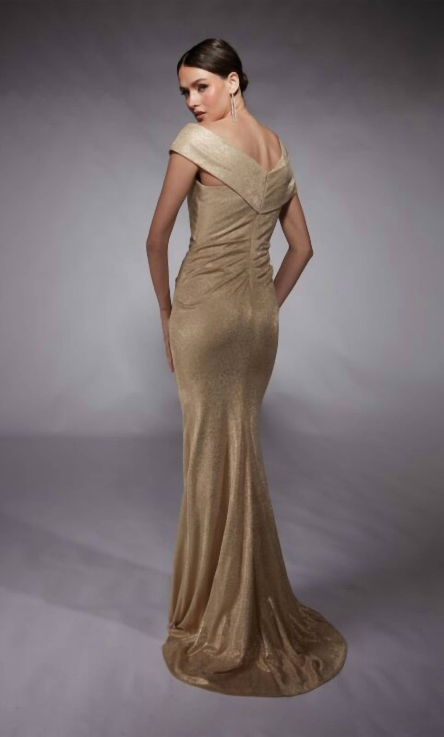 ALYCE PARIS Asymmetric Neck Ruched Side Dress in gold - women's dress - alternate view