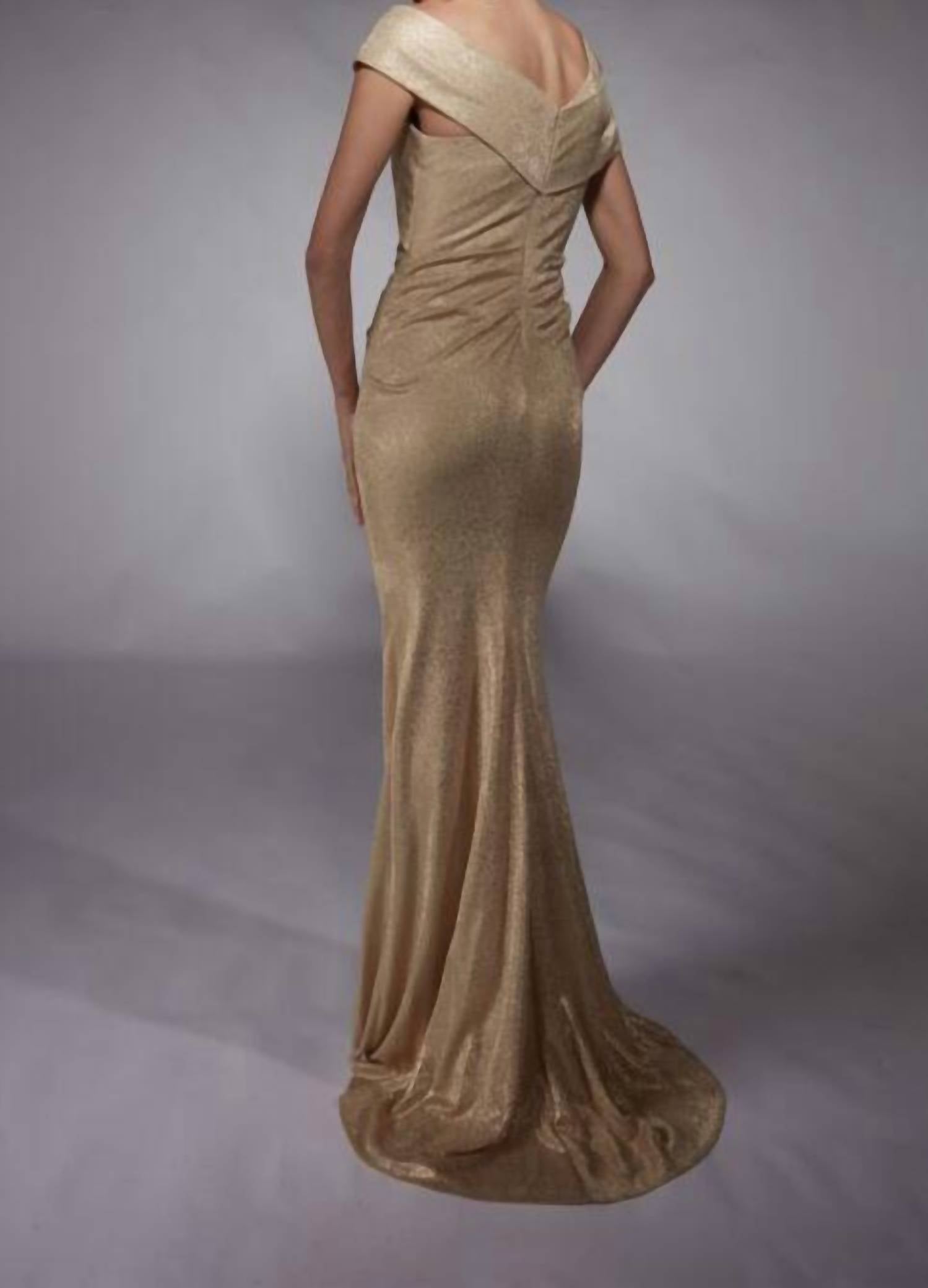 ALYCE PARIS Asymmetric Neck Ruched Side Dress in gold - women's dress - detail view