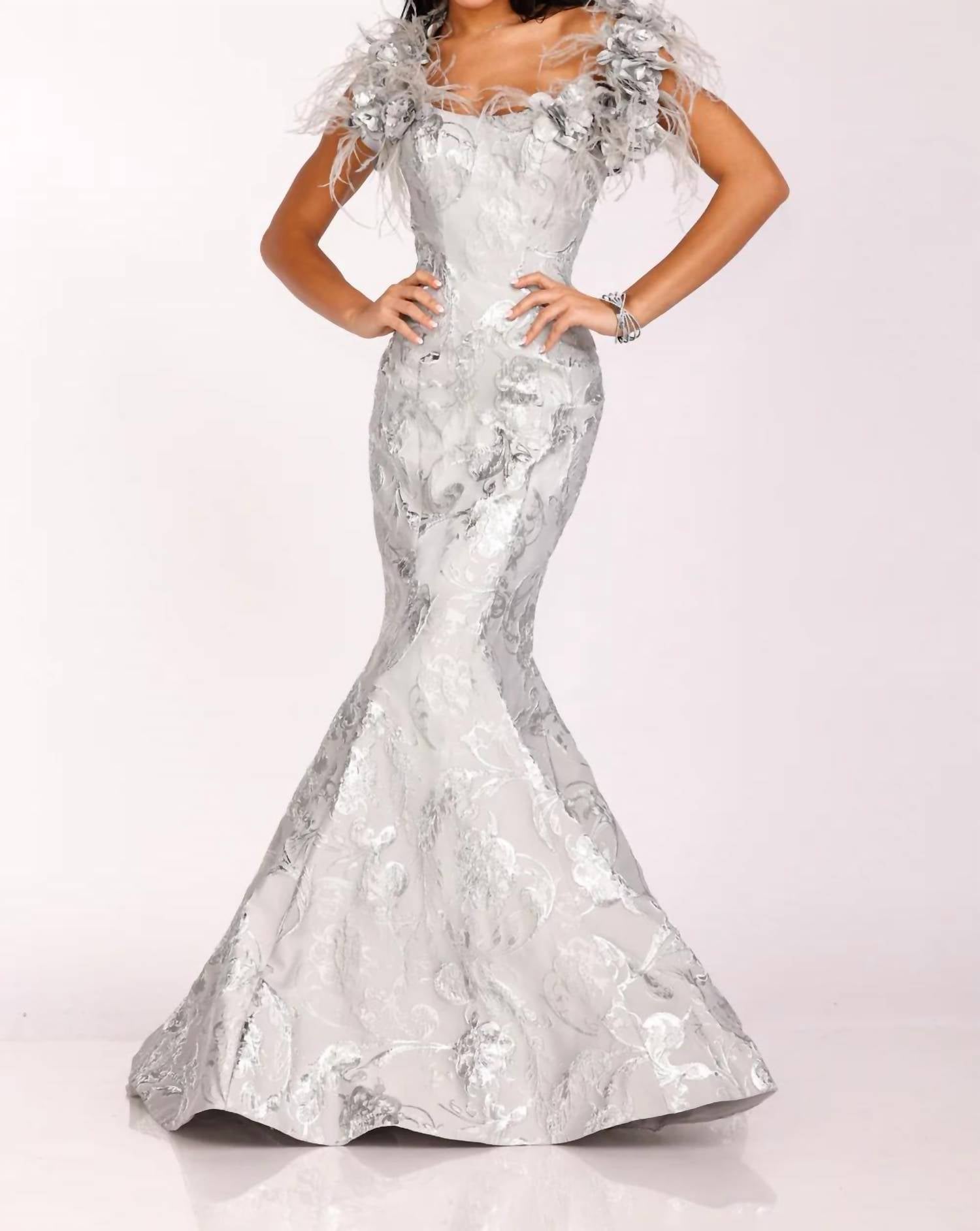 Terani Couture - Striking Flower And Feather Strapless Evening Gown