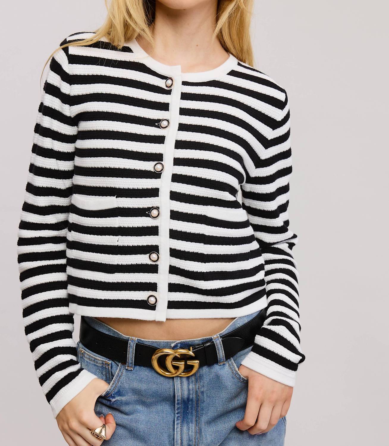 Mimosa - Pearl Embellishment Striped Cardigan
