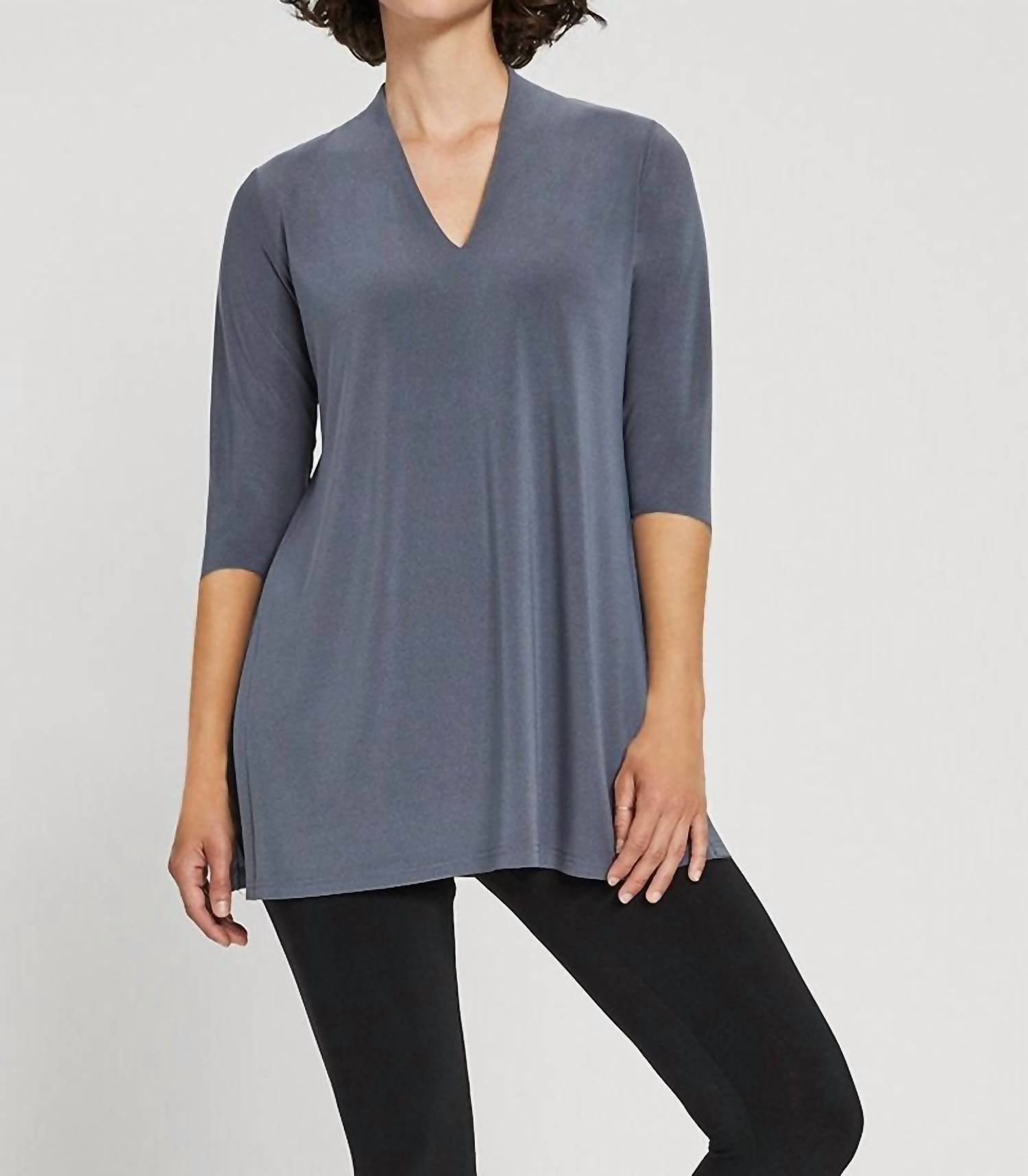 Sympli Women's Long Sleeve Deep V Tunic in platinum - women's long sleeve top