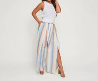 Elsie & Zoey - Wynn Open Slit Striped Tie Waist Wide Leg Pants