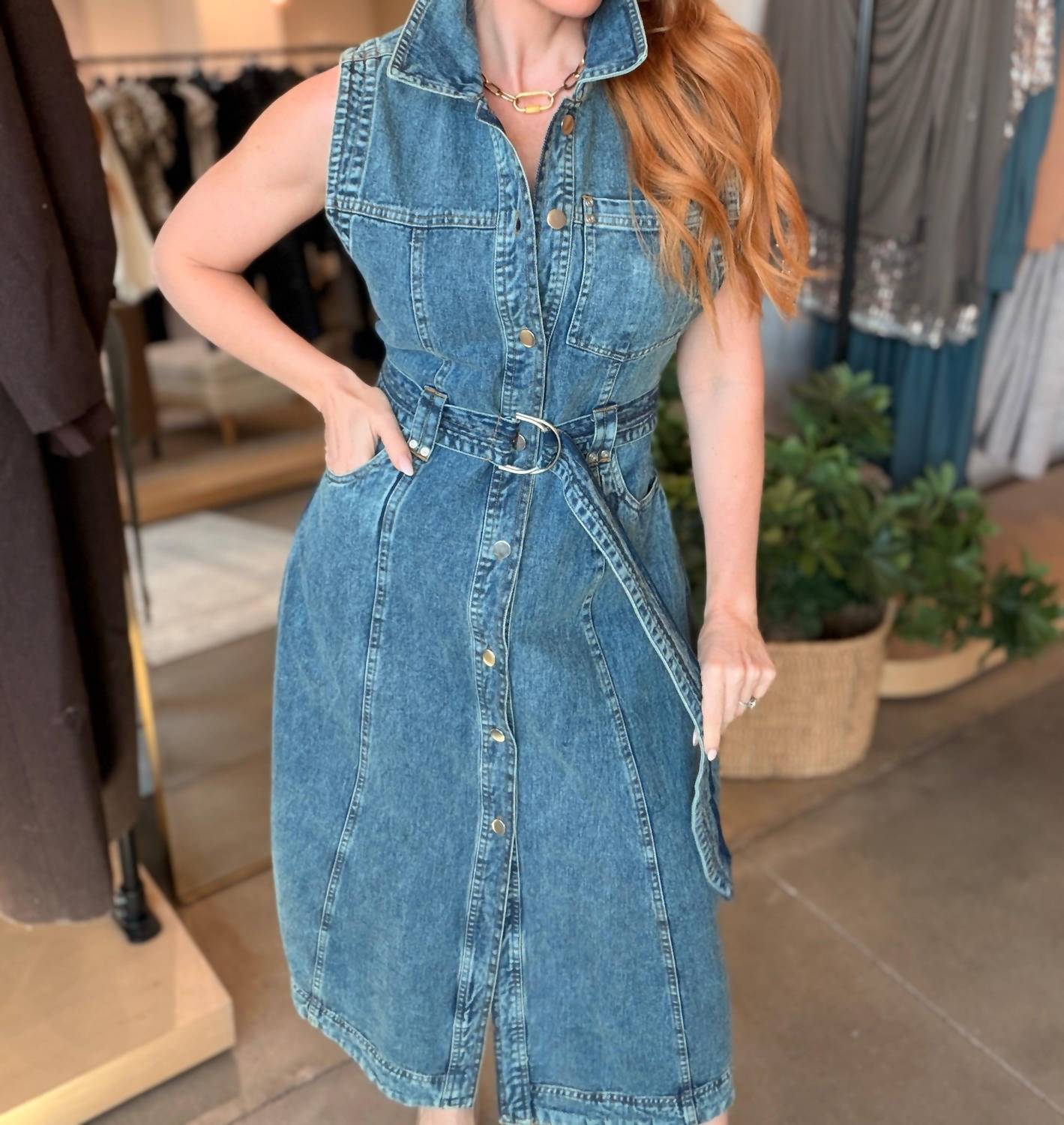 ELAN Midi Sleeveless A Line Denim Dress in blue - women's dress - view 6