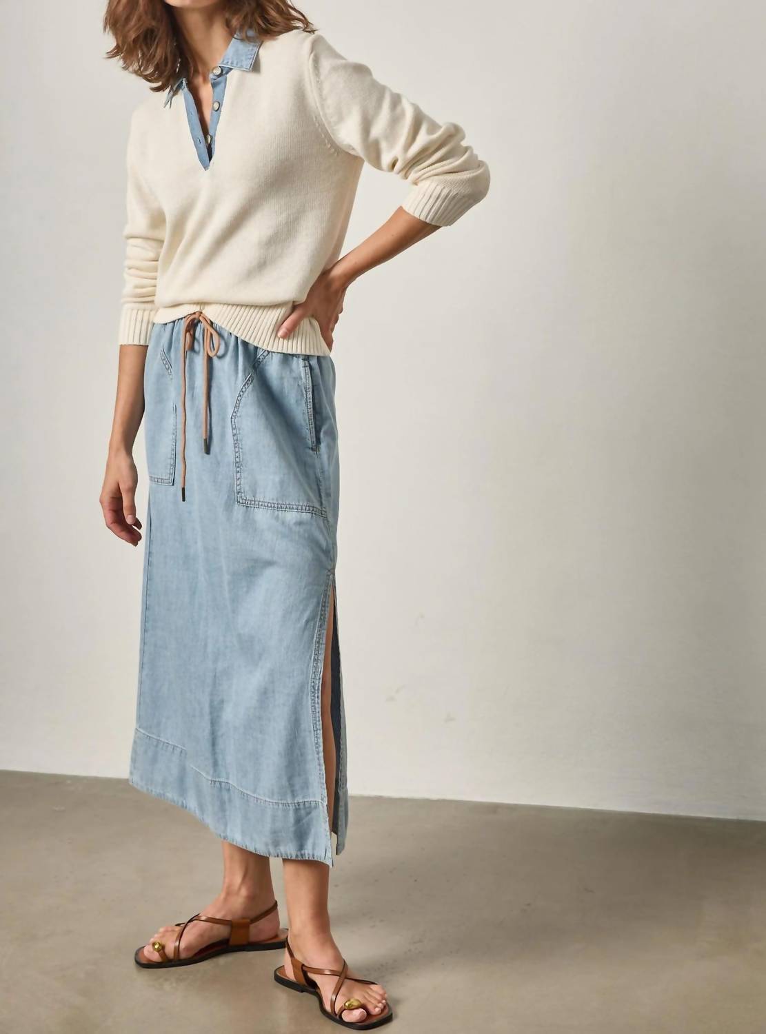 Lilla P Denim Collar Polo Sweater in off white - women's top - detail view