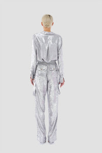 LE SUPERBE Glistening Boyfriend Shirt in silver - women's shirt - detail view