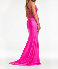ASHLEYlauren One-shoulder Fabulous Jersey Gown in hot pink - women's dress - detail view