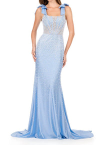ASHLEYlauren Square Neck Pearl Embellished Prom Dress in sky - women's dress