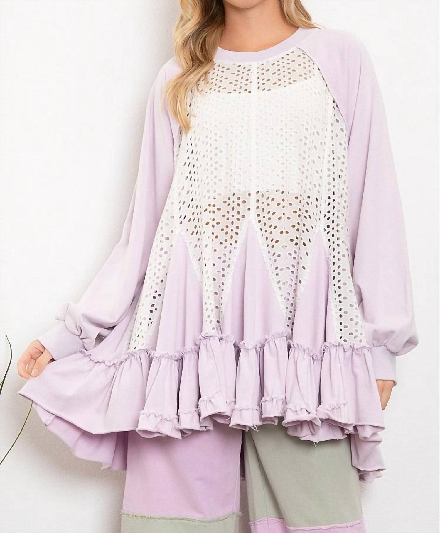 Blue Velvet Sheer Eyelet Front Contrast Ruffle Bottom Hi-lo Tunic in lilac - women's shirt
