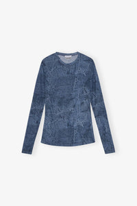 Ganni - Printed Mesh Long Sleeve Crew Neck Top