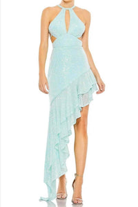 MAC DUGGAL Sequined Halter Cut Out Ruffle Asymmetrical Dress Gown in aqua - women's dress