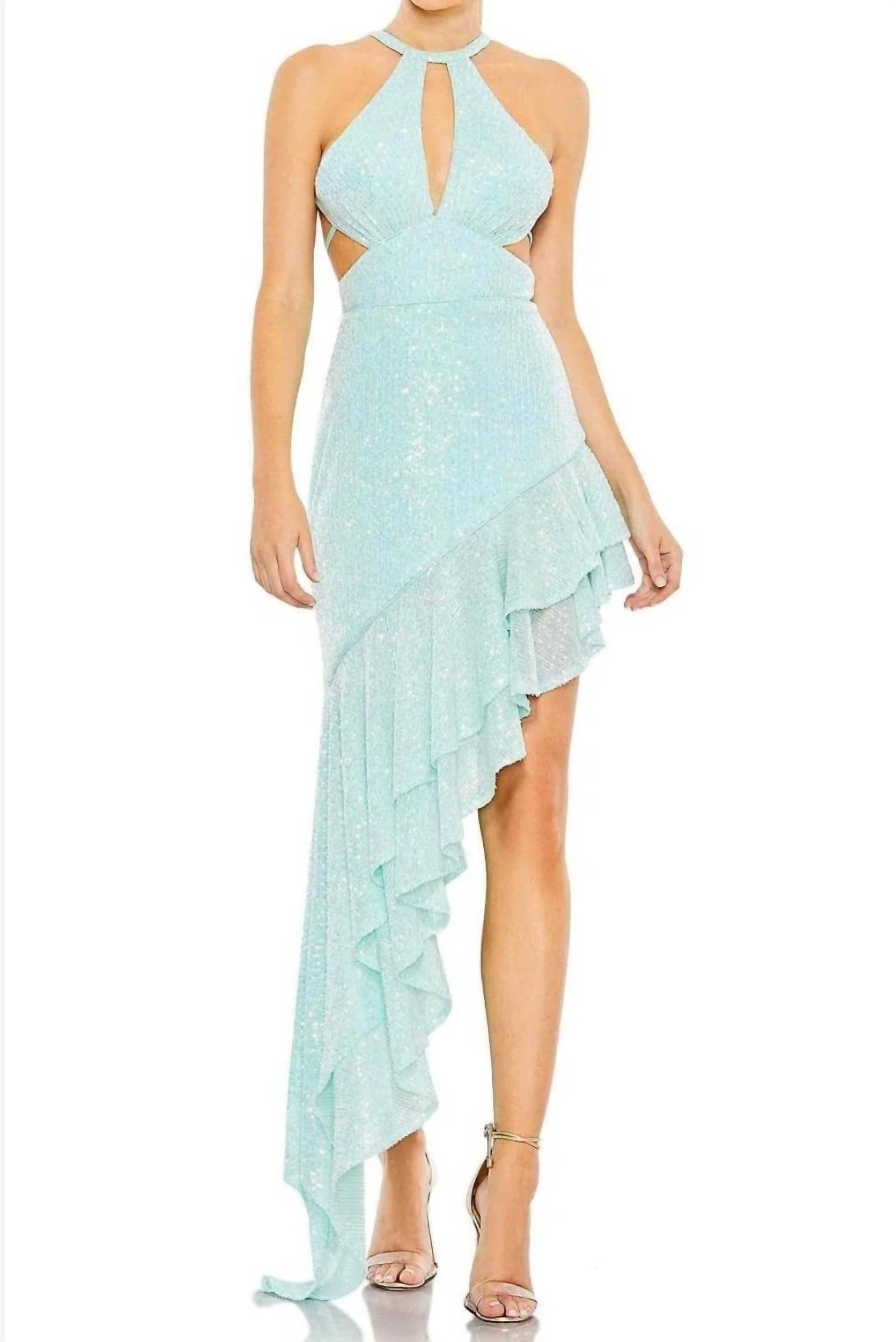 MAC DUGGAL Sequined Halter Cut Out Ruffle Asymmetrical Dress Gown in aqua - women's dress