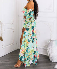 Surelymine - Tropical Floral Puff Sleeve Two-Piece Set with Slit Skirt