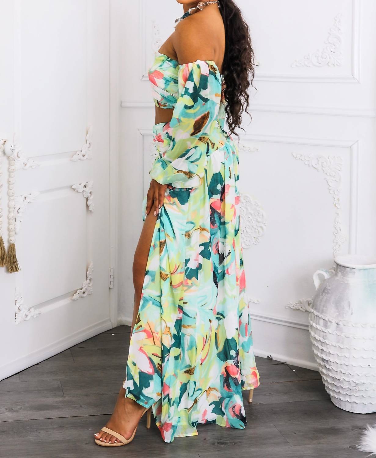 Surelymine - Tropical Floral Puff Sleeve Two-Piece Set with Slit Skirt