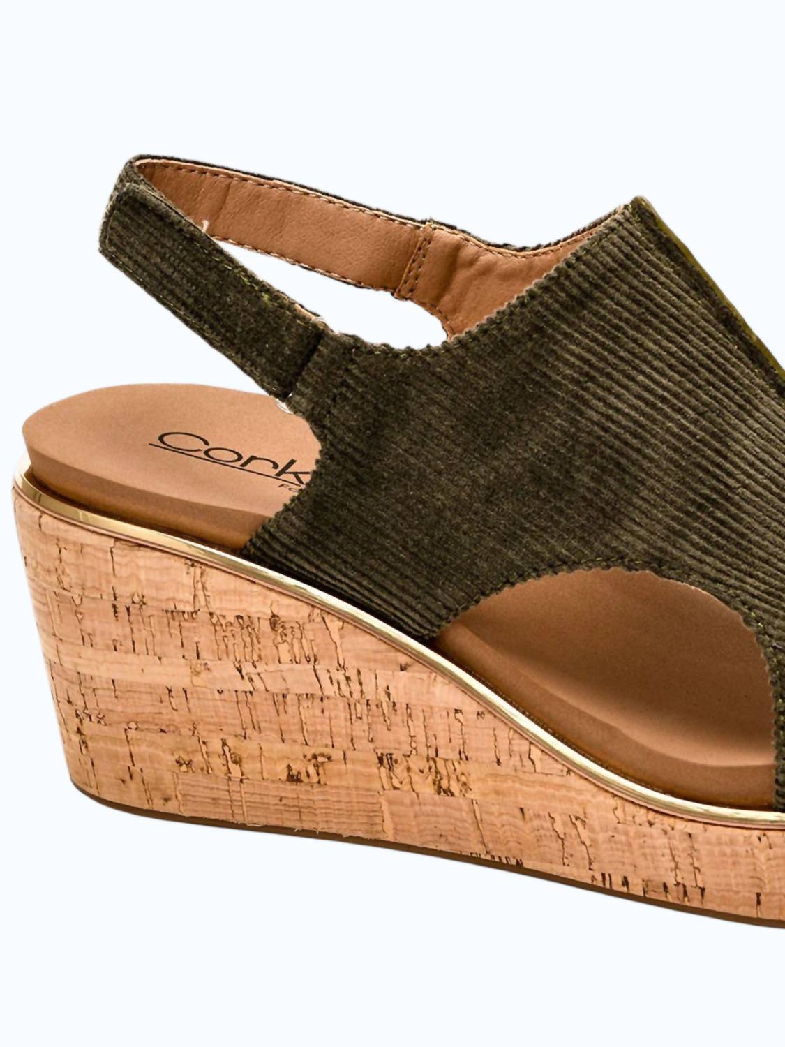 Corkys Footwear Women's Carley Wedge in khaki corduroy - women's shoe - detail view