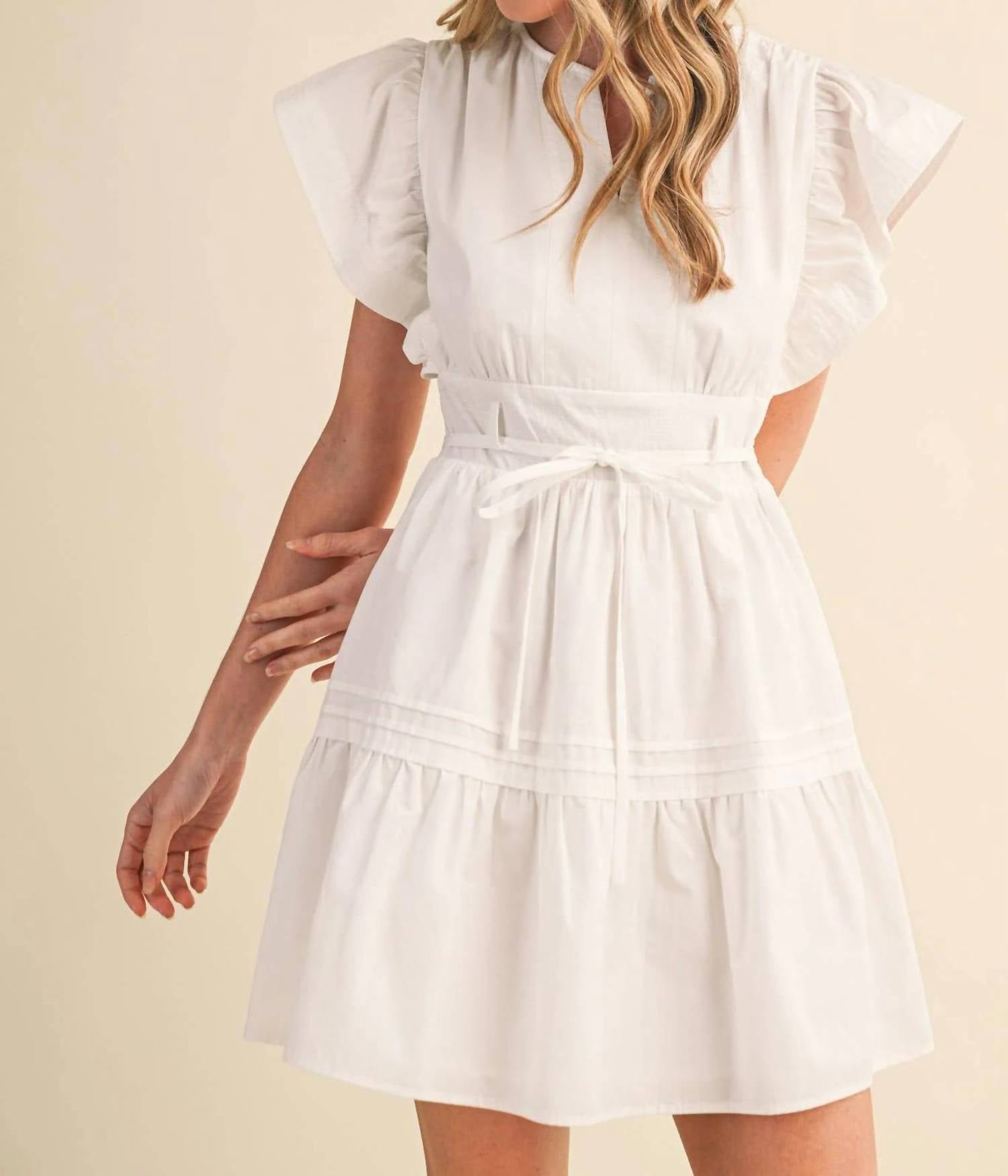 &Merci - Women's Flutter Sleeve Tie Waist Mini Dress