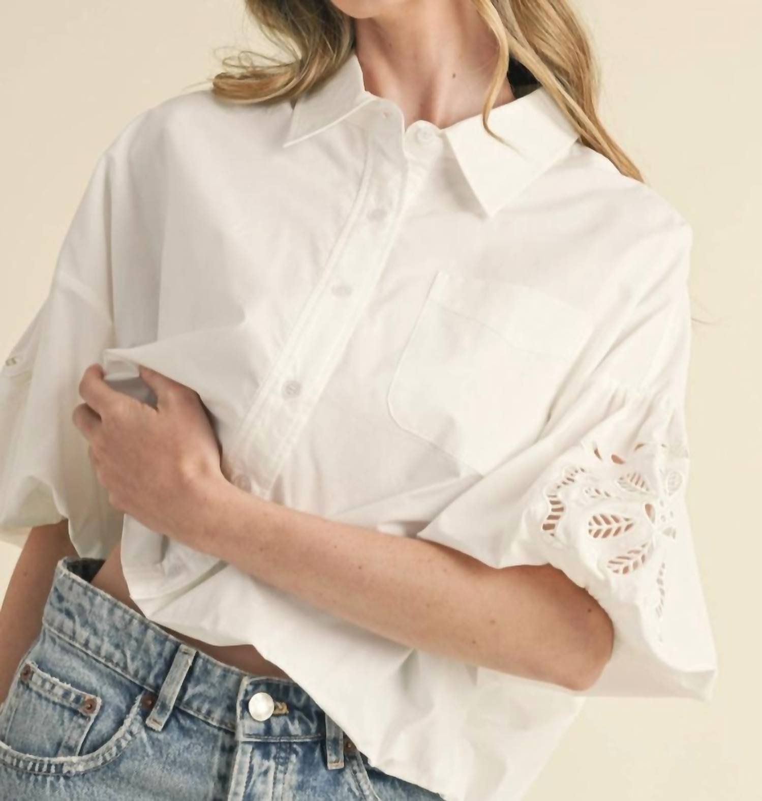 Merci - Cut Out Embroidered Bubble Sleeve Top