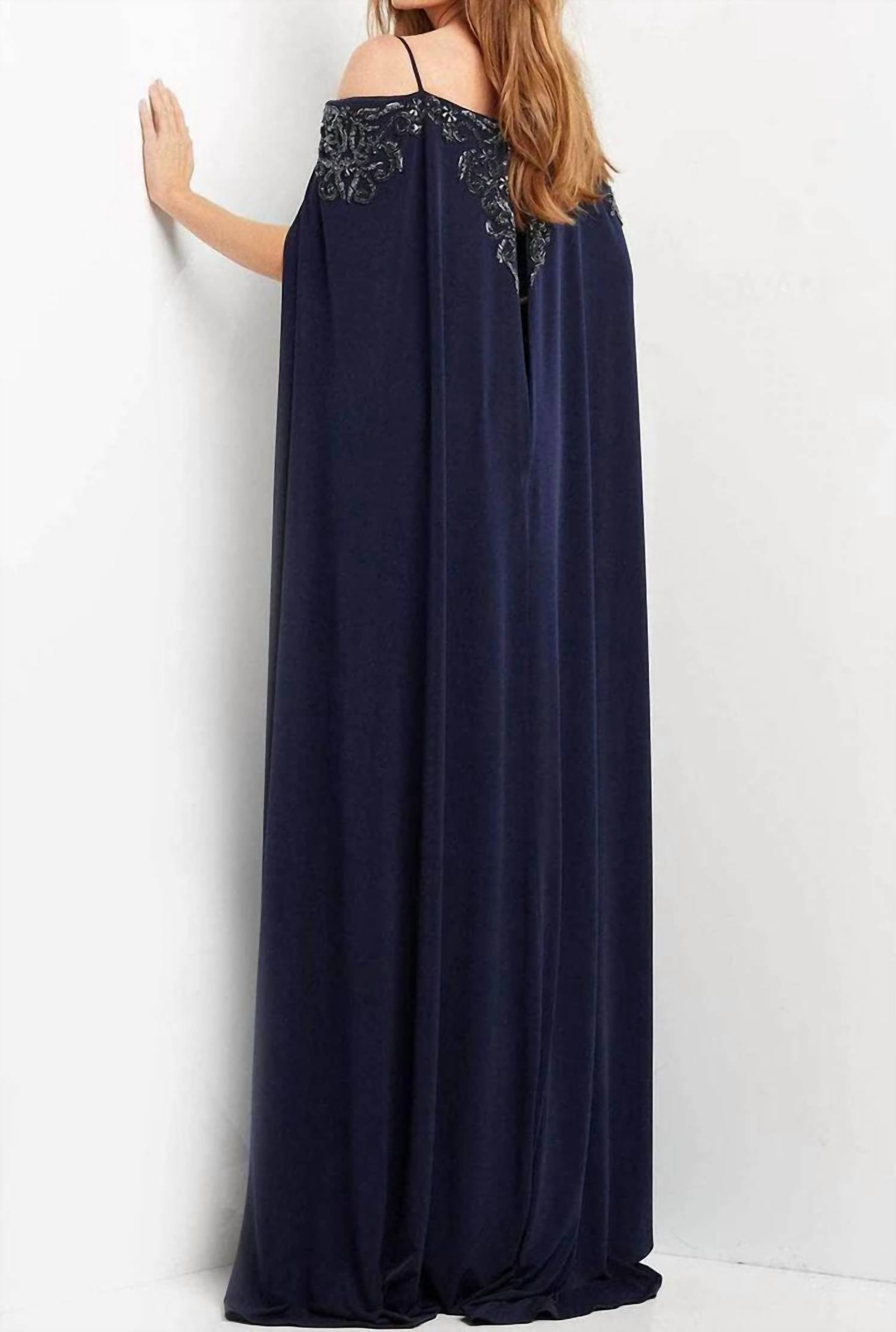 Jovani - Long Cape Embellished Evening Gown