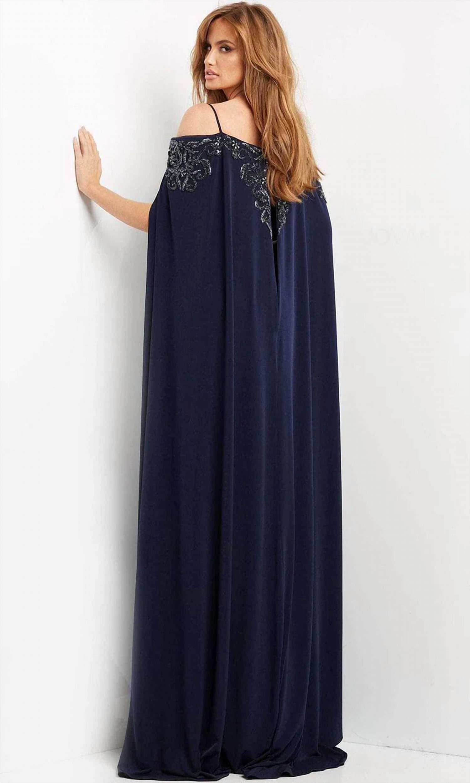 Jovani - Long Cape Embellished Evening Gown