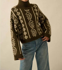 Promesa - Abstract Floral Jacquard Fuzzy Mock Neck Sweater