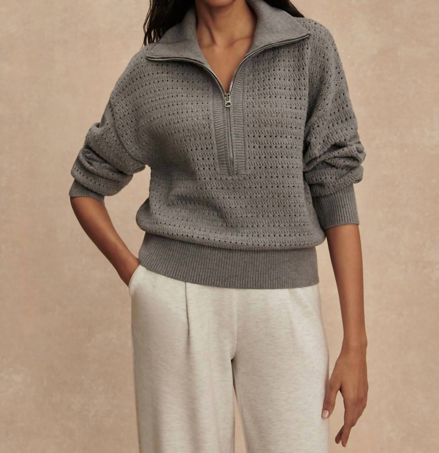 VARLEY Darla Half Zip Knit Sweater in silver filigree melange - women's sweater
