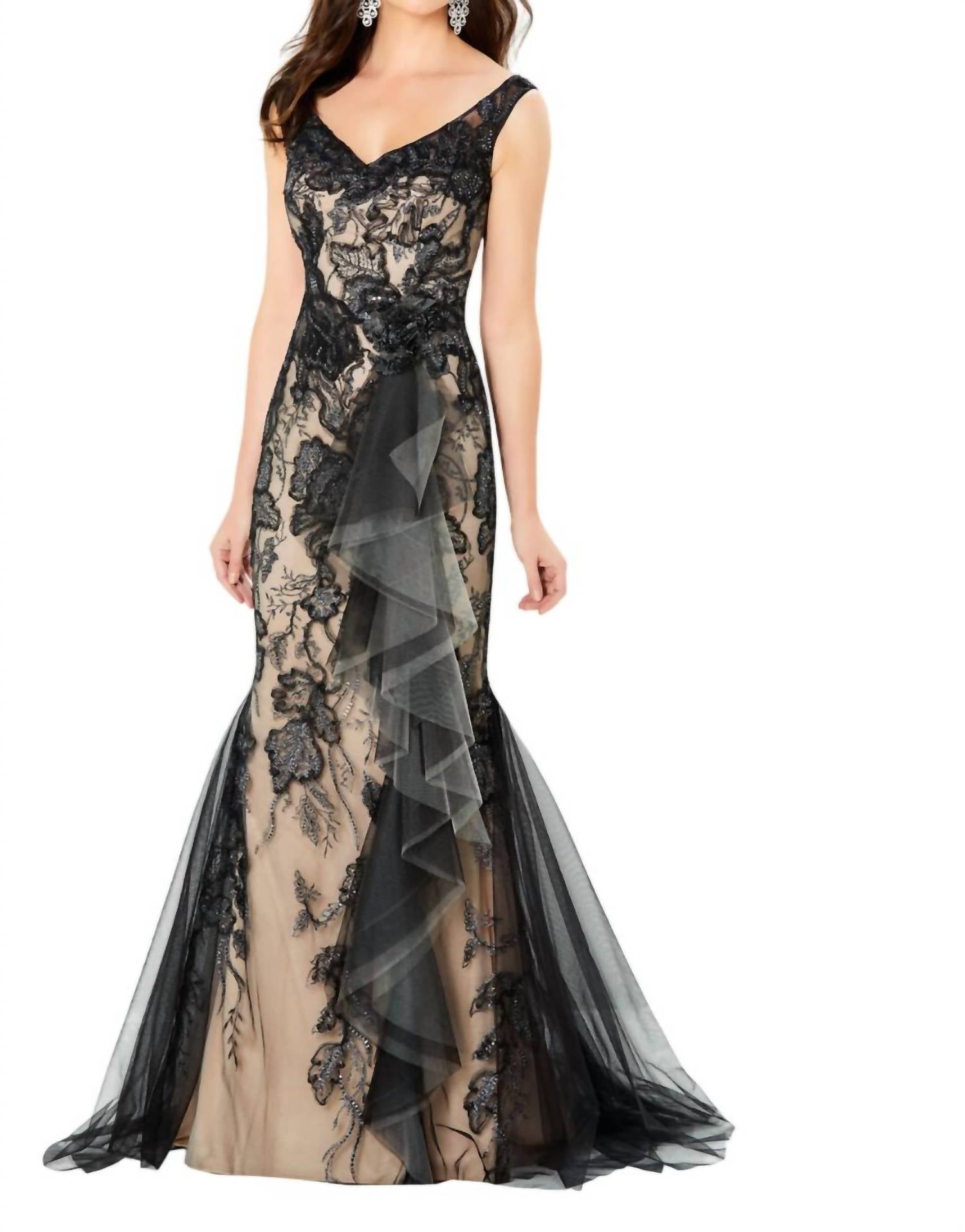 Montage by Mon Cheri Embellished V-neck Dress in black silver nude - women's dress