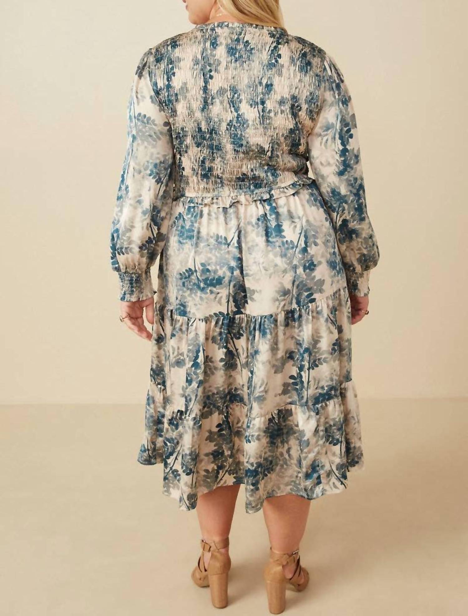 Hayden La - Botanical Print Smocked Bodice Satin Dress