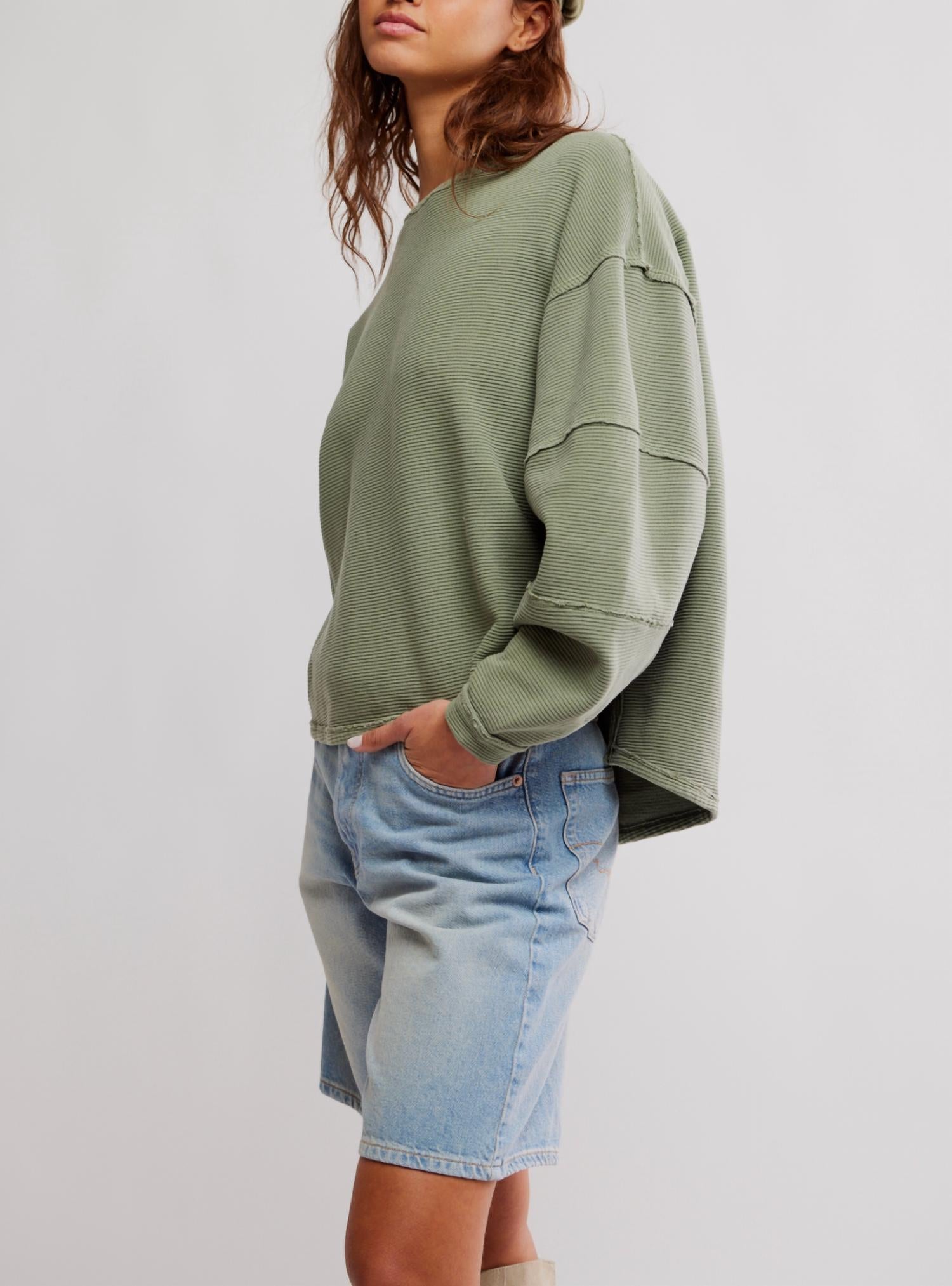 Free People Total Eclipse Tee in oil green 1 - women's long sleeve top - detail view