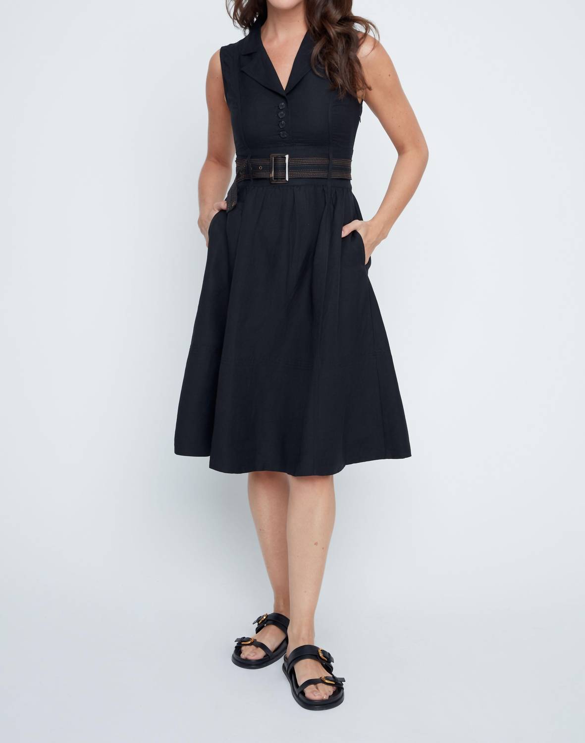 Renuar - Midnight Elegance Belted Linen Midi Dress