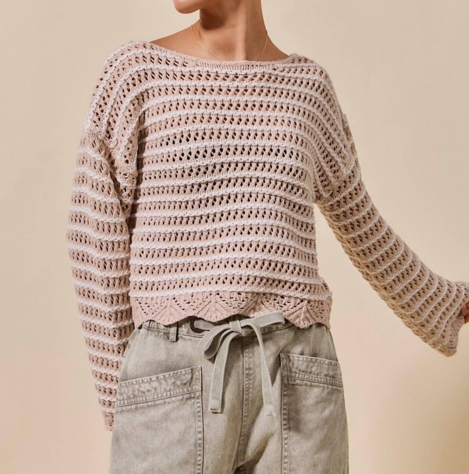 So Me - Scallop Edge Textured Stripe Sweater