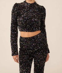 Idem Ditto - Velvet Sequins Long Sleeve Crop Top