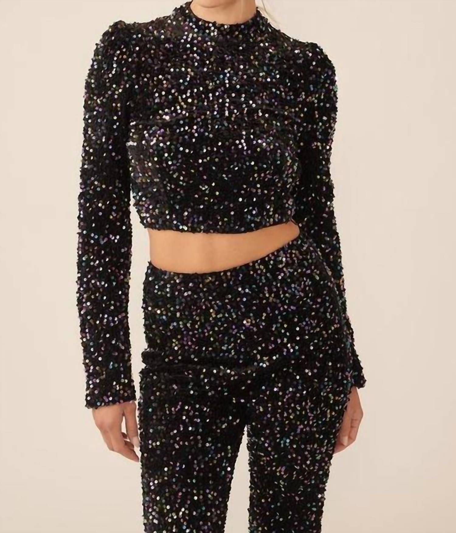 Idem Ditto - Velvet Sequins Long Sleeve Crop Top