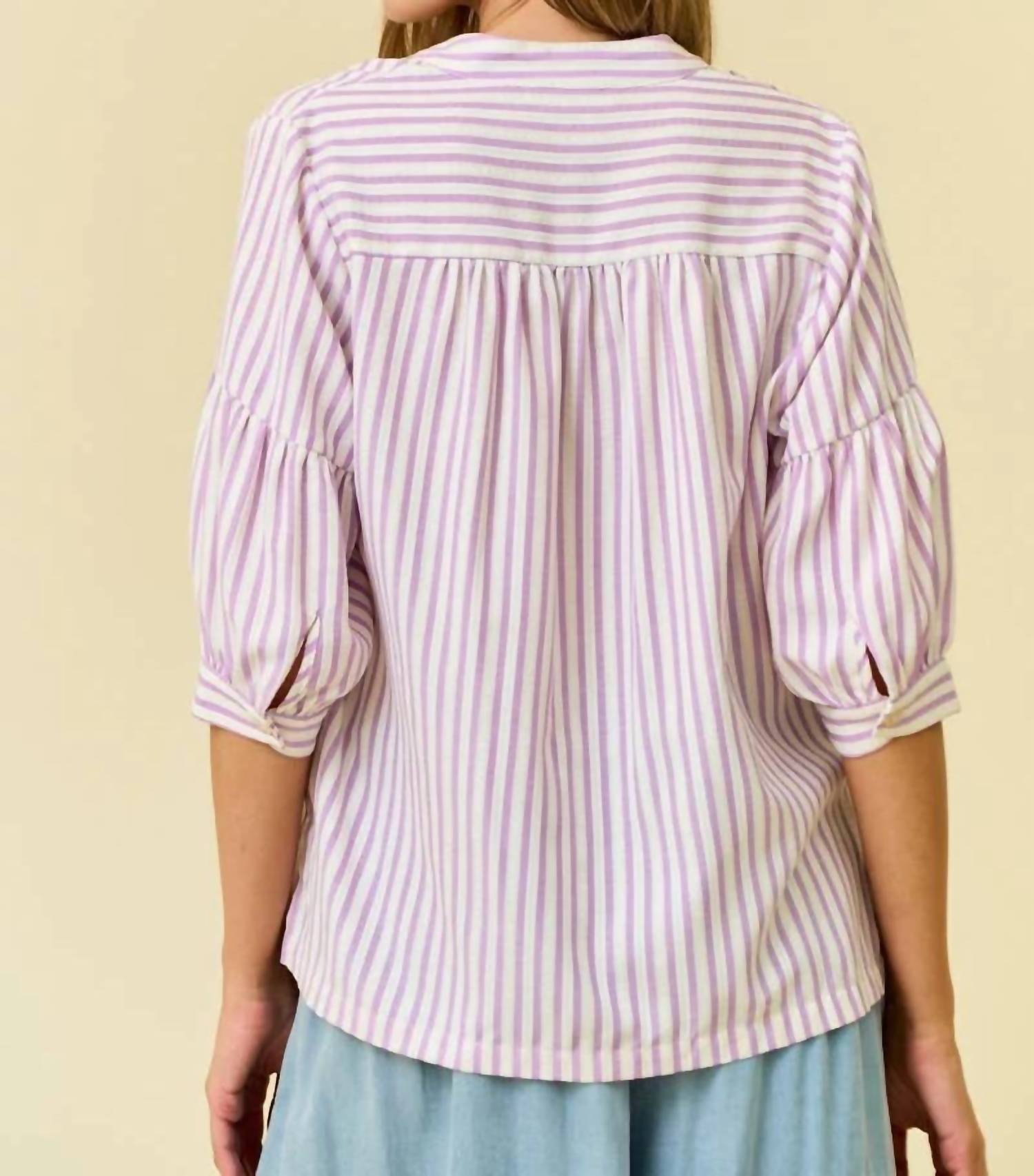 Doe And Rae - Women's Striped Puff Sleeve Pullover Top
